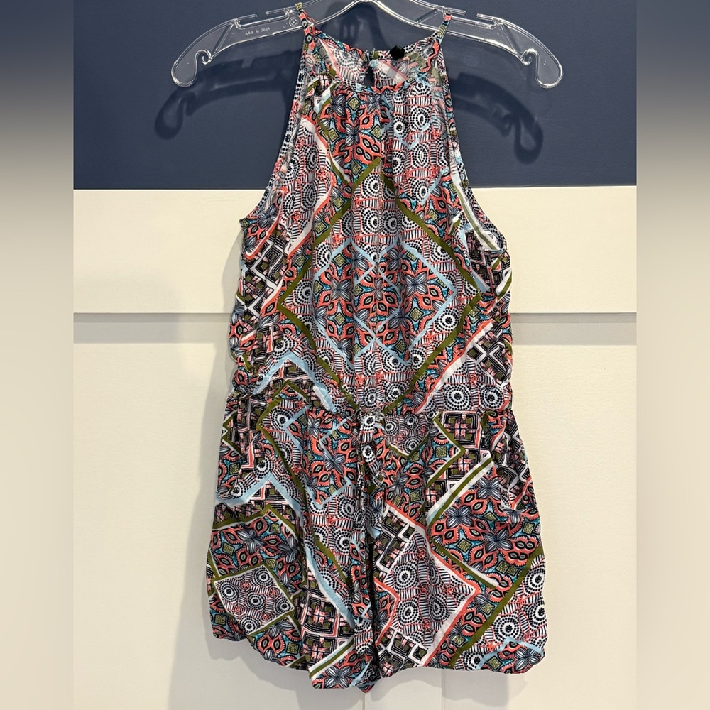 BeBop Coral, Olive & Teal Geometric Halter Romper shorts Size M